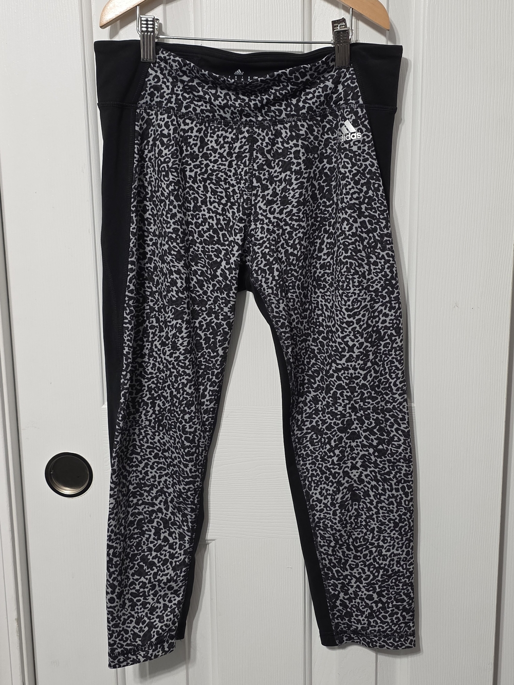 Women's Black Leopard Crop Leggings, Adidas, Medium